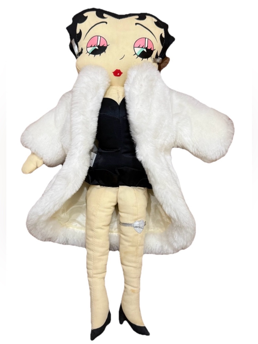 Vintage 1988 Betty Boop Plush Stuffed Doll Figure Black Dress White Fur Coat